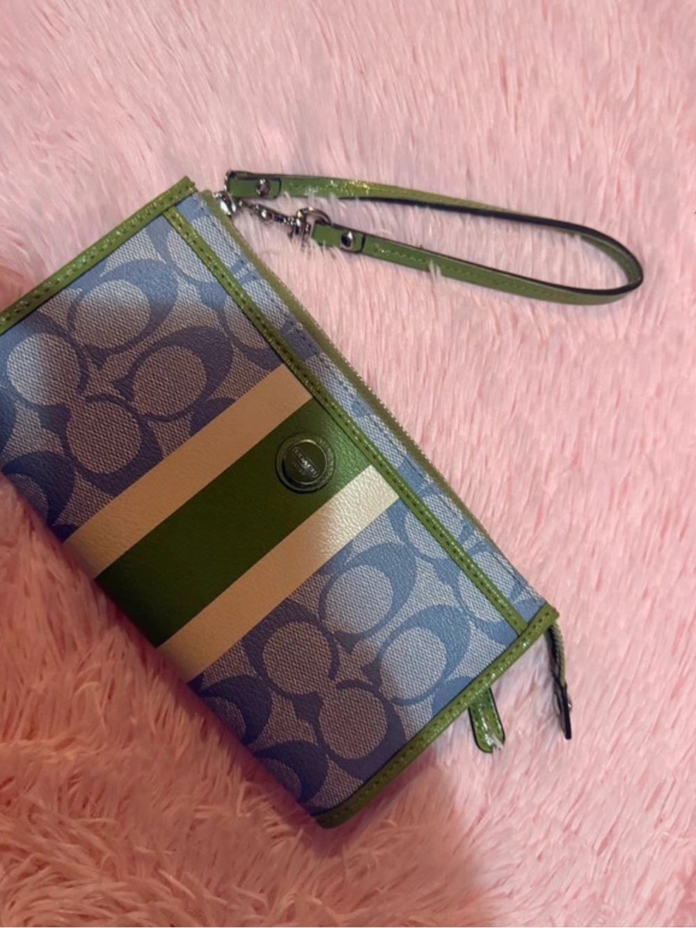Coach Blue & Green Signature Stripe Wristlet